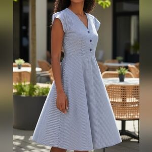 💙 Caution to the Wind Blue & White Striped Tie-Back Dress - Medium 💙